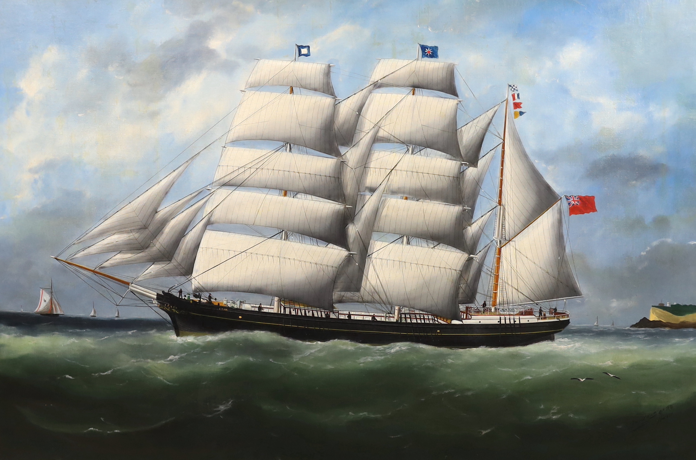 Marie-Édouard Adam (French, 1847–1929), oil on canvas, 'The barque Ifafa leaving Le Havre', signed and dated 1881, 60 x 90cm